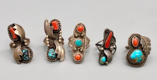 Five Vintage Turquoise & Coral Rings