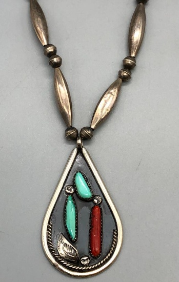 Vintage Zuni Turquoise, Coral, & Sterling Silver Necklace