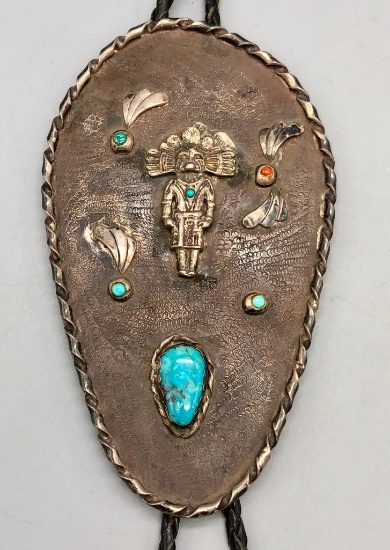 Large Turquoise, Coral & Sterling Silver Bolo