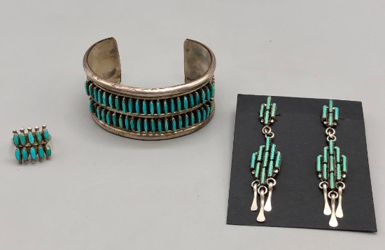 Bracelet, Ring, Earrings with Needlepoint Turquoise