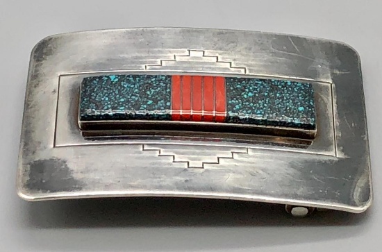Signed Navajo Belt Buckle with Great Turquoise