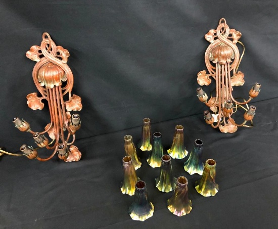 Pair of Tiffany, Art Nouveau, Wall Lamps with Favrile Glass Sconces