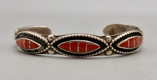 Coral Inlay & Sterling Silver Bracelet
