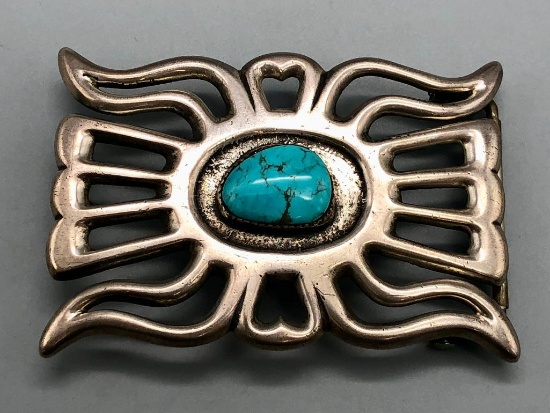 Vintage Turquoise and Sterling Silver Sandcast Belt Buckle