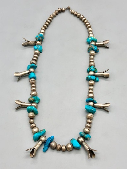 Vintage Turquoise & Sterling Silver Necklace with Blossoms