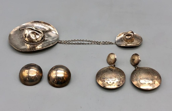 Sterling Silver Cowboy Hat Pin & Two Pairs of Sterling Silver Earrings