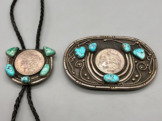 Vintage Turquoise & Coin Buckle & Bolo Set