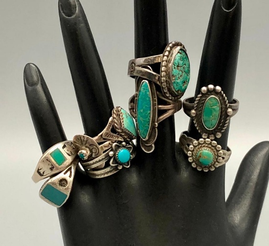 Group of Nine Fred Harvey Era Turquoise Rings