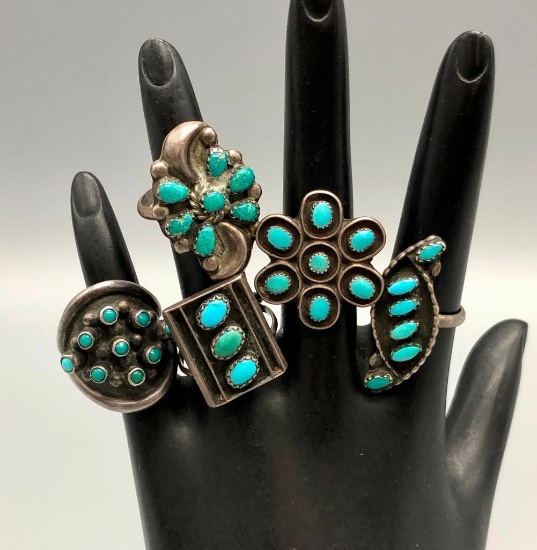 Group of Five Fred Harvey Era Turquoise Cluster Rings