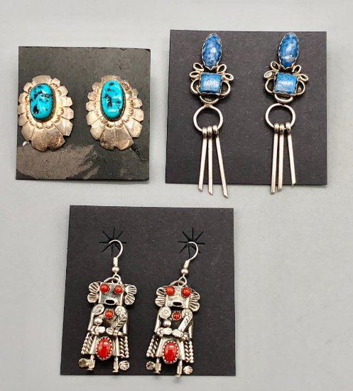 Three Pairs of Earrings- Coral, Turquoise, and Denim Lapis