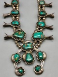 Green Turquoise and Sterling Silver Squash Blossom Necklace
