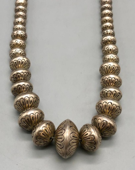 Great Stamped Sterling Silver Bead Necklace