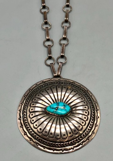 Turquoise and Sterling Silver Pendant and Handmade Chain (JHQ)