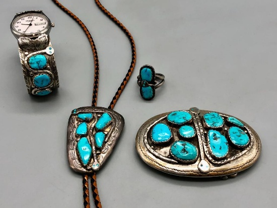 Effie C. Bolo, Buckle, Watch, Ring Set