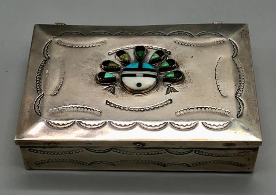 1940's Sterling Silver Box with Sunface Inlay on lid