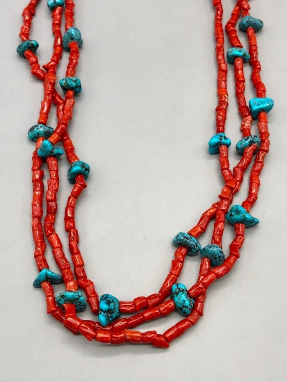 Exquisite Three Strand Coral and Turquoise Necklace