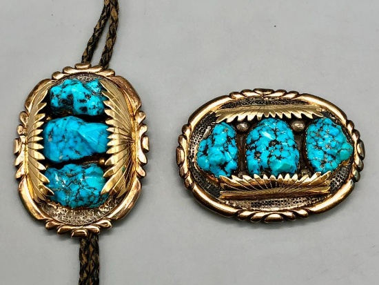 Sterling Silver Turquoise and Gold Accent Buckle by Leekya and Bolo by Quam