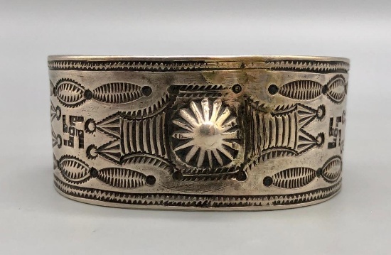 C. 1920s Sterling Silver Bracelet with Many Stamps