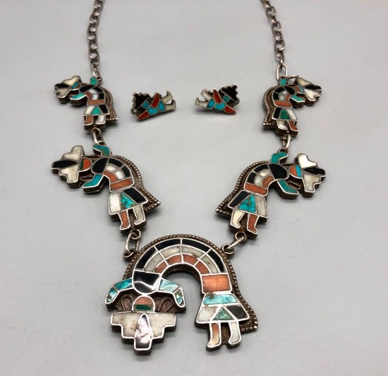 Vintage Multi-Stone Inlay Rainbowman Necklace with Earrings