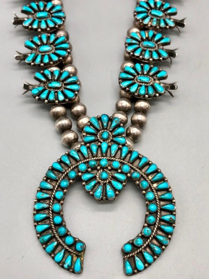 Zuni Style Petit Point Turquoise Squash Blossom Necklace