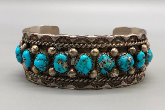 15 Stone Turquoise & Sterling Silver Bracelet