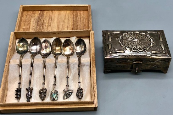 Sterling Silver Souvenir Spoons & Stamped Sterling Silver Box