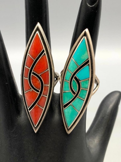 Two Turquoise & Coral Inlay Rings - Quandelacy