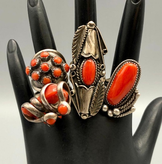 Four Coral & Sterling Silver Rings