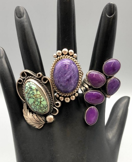 Three Sterling Silver Rings with Various Stones