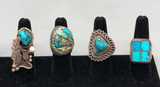 Four Turquoise & Sterling Silver Rings