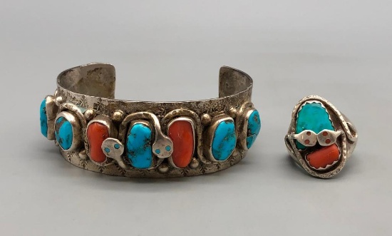 Turquoise, Coral, & Snake Theme Bracelet and Ring