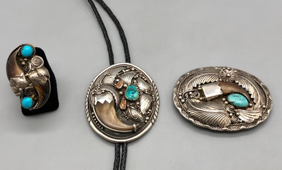 Sterling Silver Claw Buckle, Bolo, Ring Trio