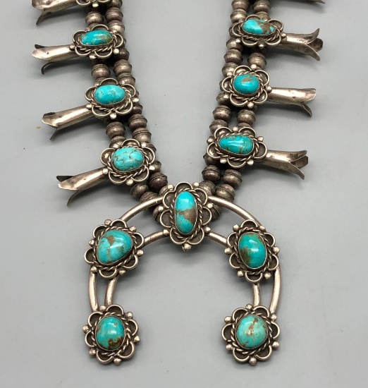 Vintage Turquoise & Sterling Silver Squash Blossom Necklace
