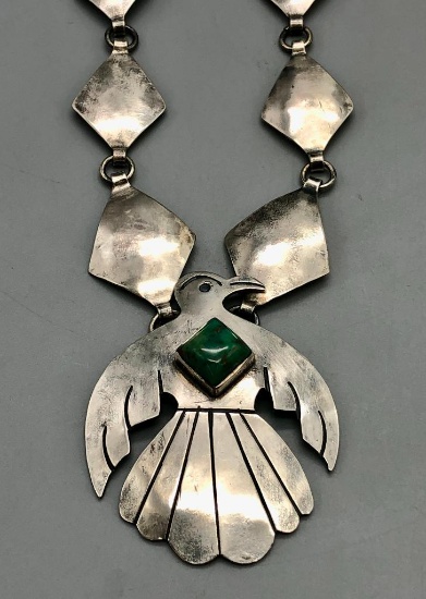 Sterling Silver Turquoise & Thunderbird Themed Necklace