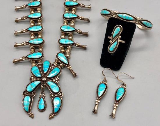 Four Piece Zuni Style Inlay Turquoise Necklace Set