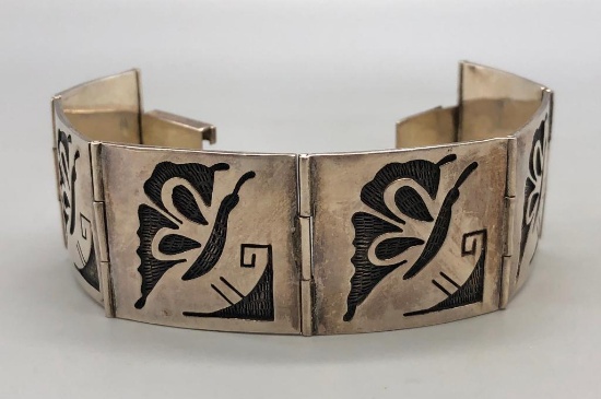 Hopi Style Sterling Silver Overlay Link Bracelet