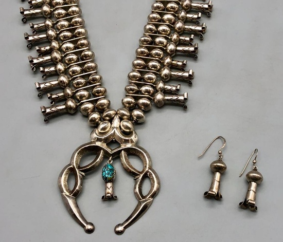 Sterling Silver and Turquoise Squash Blossom Necklace Set