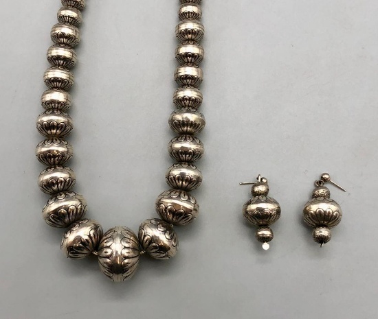 Stamped Sterling Silver Bead Necklace and Earring Set