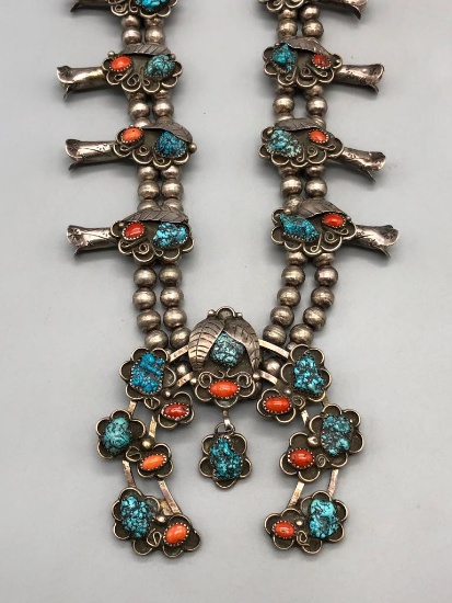 Circa 1970s Turquoise and Coral Squash Blossom Necklace