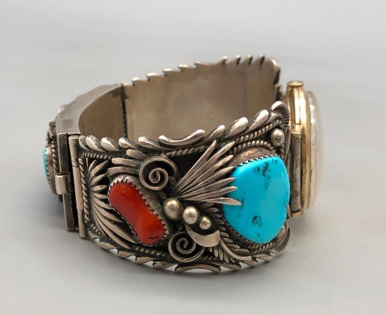 Turquoise and Coral Watch Bracelet- David Lister