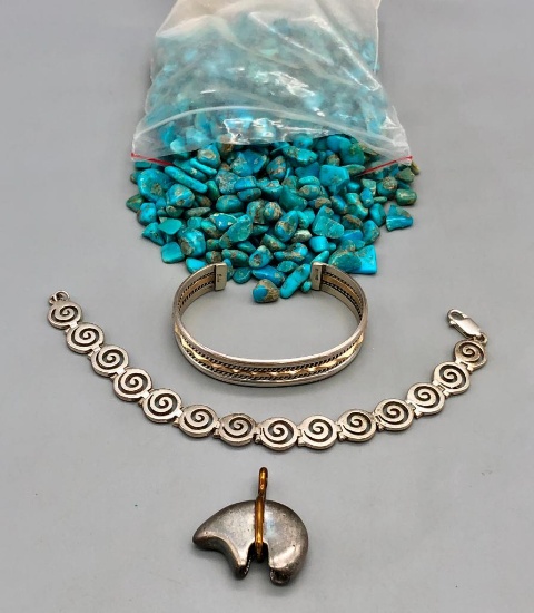 Two Bracelets, Silver Bear, and 230g of turquoise