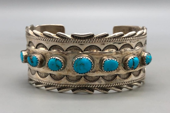 Seven Stone Turquoise and Sterling Silver Bracelet