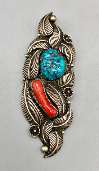 1970s Turquoise and Coral Sterling Silver Pendant