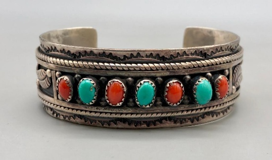 Vintage Turquoise and Coral Row Bracelet
