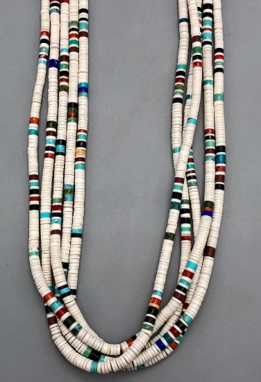 Five Strand White Clam Shell Turquoise, Coral, Lapis Necklace