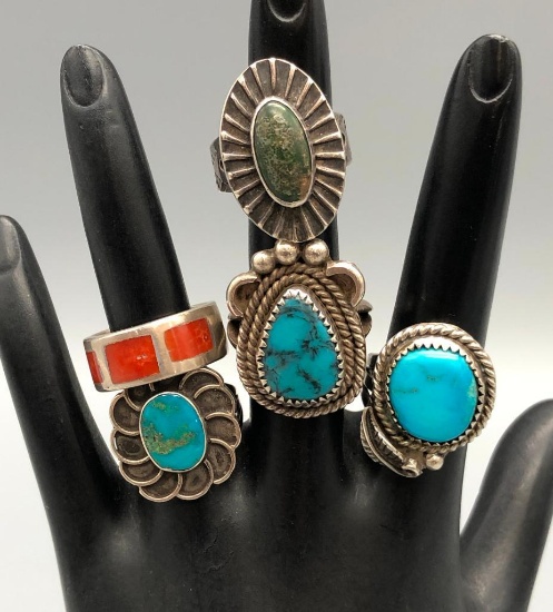 Five Vintage Rings- Turquoise, Coral, etc.