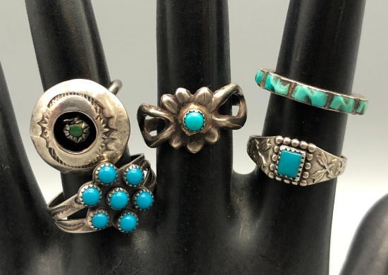 Group of Five Vintage Turquoise Rings
