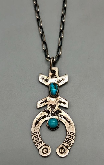 Unique Turquoise and Sterling Silver Pendant with Handmade Chain