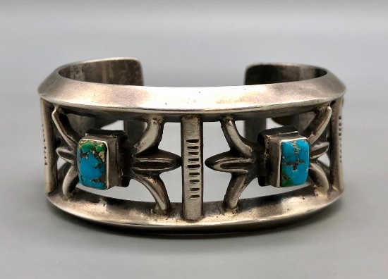 Four Stone Turquoise and Sterling Silver Sandcast Bracelet