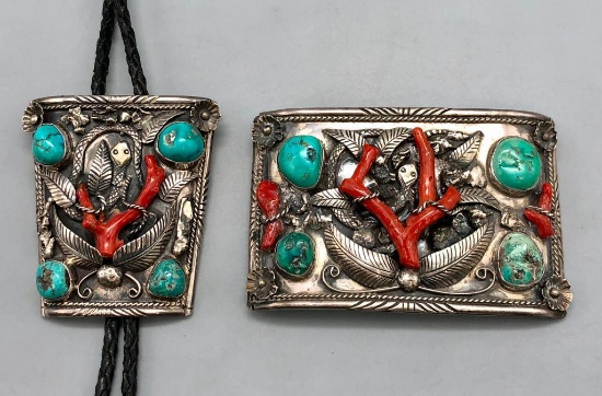 Vintage Turquoise and Branch Coral Buckle and Bolo Set